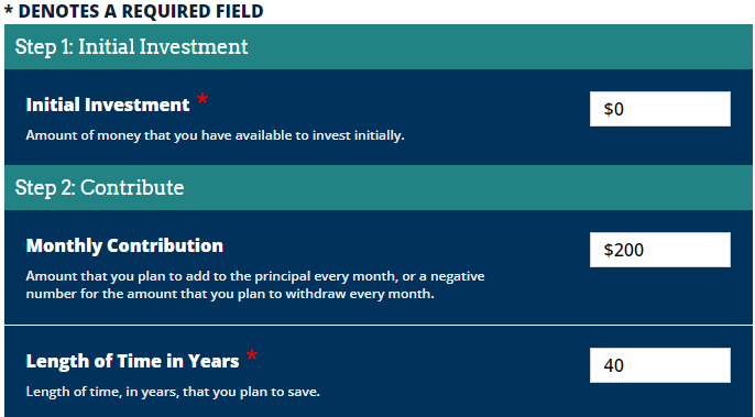 Compound Interest Calculator - Step 1 and 2, Initial Investment, Monthly Contribution, and Length of Time