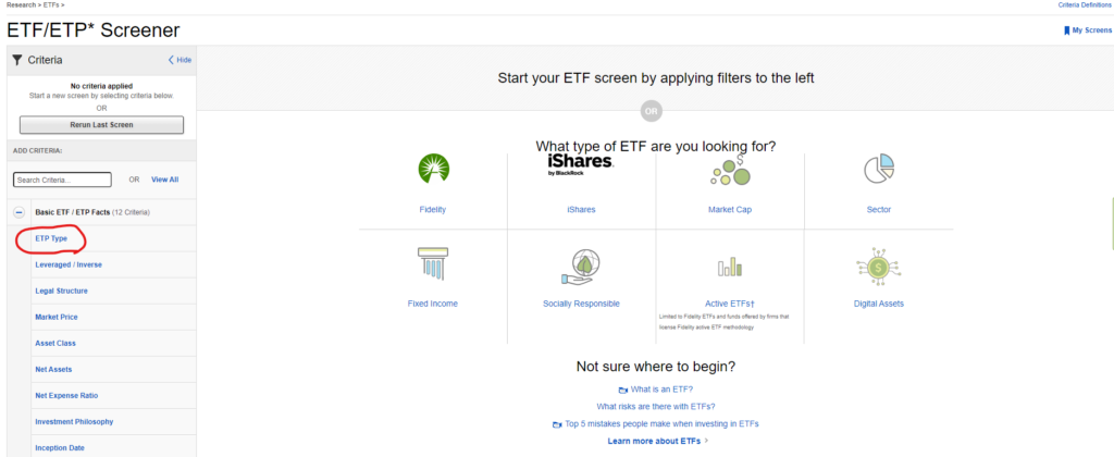 Fidelity ETF Screener Criteria Page